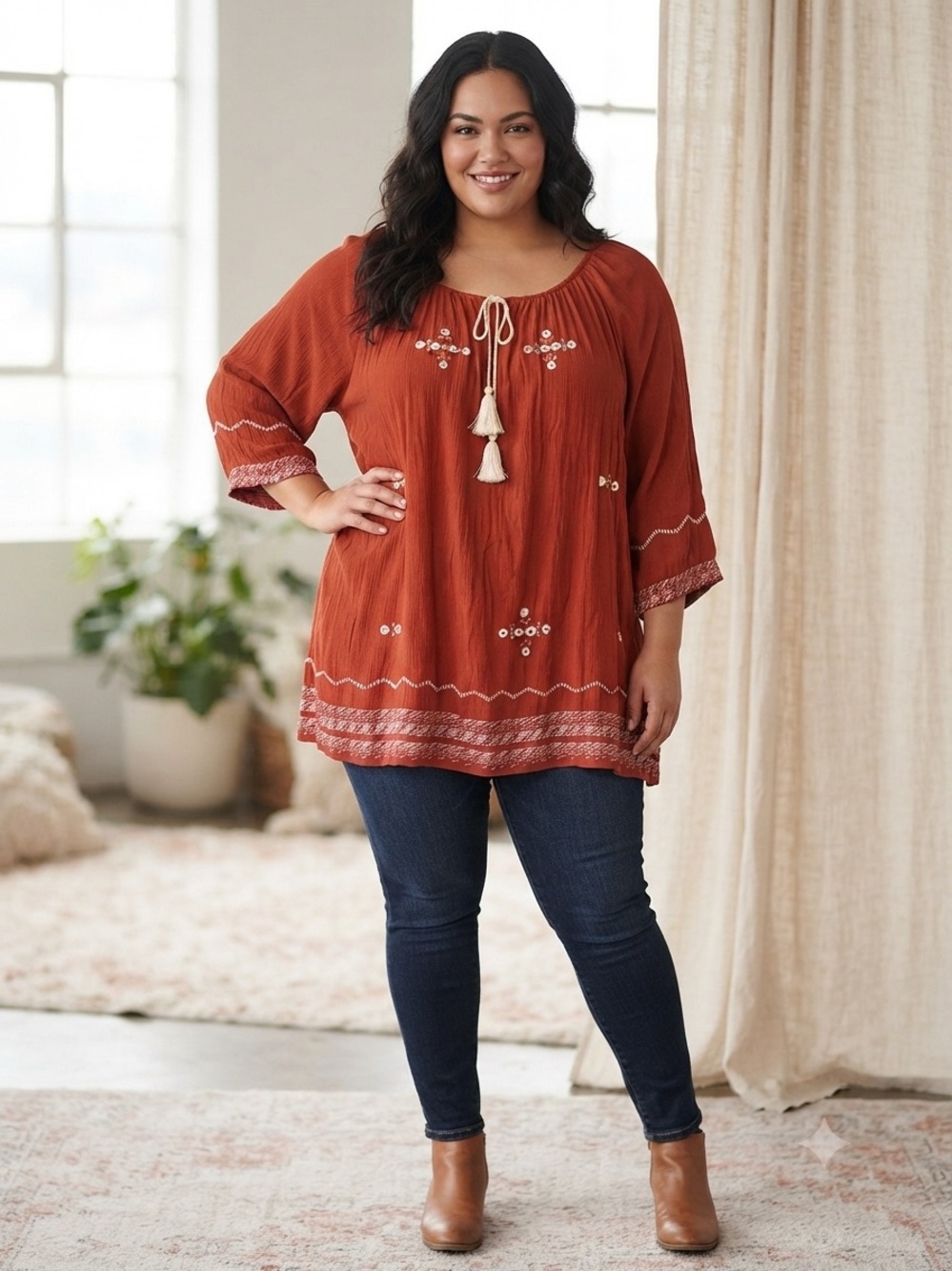 Claudia Richard Rust Embroidered Peasant Tunic